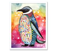 Artery8 Wall Art Print Cute Multicoloured Spot Penguin Folk Art Framed in White | Size: W12" x H16" Artery8 White W12" x H16"