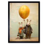 Artery8 Framed Wall Art Cute Nursery Artwork Rabbits And Balloon Adventure Oil Painting - 12X16 Inch