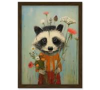 Artery8 Cute Racoon Picking Wildflowers for a Spring Bouquet Oil Painting Amber Orange Baby Blue Kids Bedroom Artwork Framed Wall Art Print A4