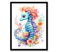 Artery8 Wall Art Print Cute Seahorse Watercolour Artwork Fun Kids Bedroom Nursery Art Framed in Black | Size: A4 Artery8 Black A4