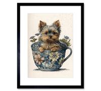 Artery8 Cute Teacup Yorkshire Terrier Dog and Flowers in Floral Tea Cup Modern Watercolour Illustration Artwork Framed Wall Art Print 9X7 Inch