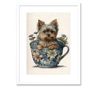 Artery8 Wall Art Print Cute Teacup Yorkshire Terrier Dog & Flowers in Floral Tea Cup Modern Watercolour Artwork Framed 9X7 Inch | Size: W7" x H9" Artery8 White W7" x H9"