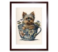 Artery8 Wall Art Print Cute Teacup Yorkshire Terrier Dog & Flowers in Floral Tea Cup Modern Watercolour Artwork Framed 9X7 Inch | Size: W7" x H9" Artery8 Brown W7" x H9"