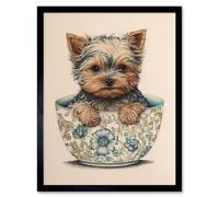 Artery8 Wall Art Print Cute Teacup Yorkshire Terrier Dog in Floral Pattern Tea Cup Watercolour Art Framed in Black | Size: W12" x H16" Artery8 Black W12" x H16"