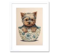 Artery8 Wall Art Print Cute Teacup Yorkshire Terrier Dog in Floral Pattern Tea Cup Watercolour Artwork Framed 9X7 Inch in White | Size: W7" x H9" Artery8 White W7" x H9"