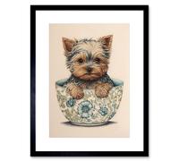 Artery8 Wall Art Print Cute Teacup Yorkshire Terrier Dog in Floral Pattern Tea Cup Watercolour Artwork Framed 9X7 Inch in Black | Size: W7" x H9" Artery8 Black W7" x H9"