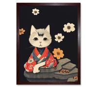 Artery8 Wall Art Print Cute White Cat In Red Kimono Sitting On A Rock With Flowers Art Framed in Brown | Size: W12" x H16" Artery8 Brown W12" x H16"