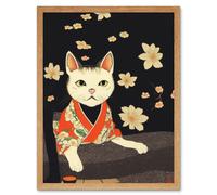 Artery8 Wall Art Print Cute White Cat In Red Kimono Sitting On The Floor In Japanese House Art Framed in Light Oak | Size: W12" x H16" Artery8 Light Oak W12" x H16"
