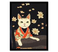 Artery8 Wall Art Print Cute White Cat In Red Kimono Sitting On The Floor In Japanese House Art Framed in Black | Size: W12" x H16" Artery8 Black W12" x H16"