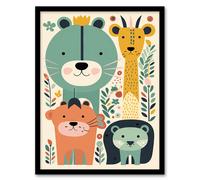 Artery8 Wall Art Print Cute Zoo Animals Pastel Colour Graphic Artwork Jungle Forest Friends Kids Bedroom Painting Art Framed | Size: W12" x H16" Artery8 Multicolor W12" x H16"