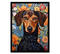 Artery8 Wall Art Print Dachshund Dog On Elegant Floral Backdrop William Morris Style Pattern Artwork Art Framed in Black | Size: W12" x H16" Artery8 Black W12" x H16"