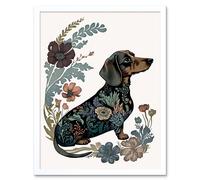 Artery8 Wall Art Print Dachshund Shorthaired Dog with Floral Patterns Colourful Modern Art Framed in White | Size: W12" x H16" Artery8 White W12" x H16"