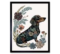 Artery8 Wall Art Print Dachshund Shorthaired Dog with Floral Patterns Colourful Modern Art Framed in Black | Size: W12" x H16" Artery8 Black W12" x H16"