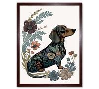 Artery8 Wall Art Print Dachshund Shorthaired Dog with Floral Patterns Colourful Modern Art Framed in Brown | Size: W12" x H16" Artery8 Brown W12" x H16"