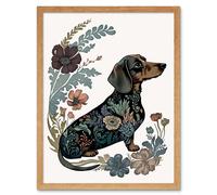 Artery8 Wall Art Print Dachshund Shorthaired Dog with Floral Patterns Colourful Modern Art Framed in Light Oak | Size: W12" x H16" Artery8 Light Oak W12" x H16"