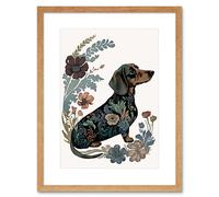 Artery8 Wall Art Print Dachshund Shorthaired Dog with Floral Patterns Colourful Modern Artwork Framed 9X7 Inch in Beige | Size: W7" x H9" Artery8 Beige W7" x H9"