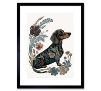 Artery8 Wall Art Print Dachshund Shorthaired Dog with Floral Patterns Colourful Modern Artwork Framed 9X7 Inch in Black | Size: W7" x H9" Artery8 Black W7" x H9"
