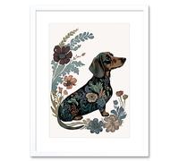 Artery8 Wall Art Print Dachshund Shorthaired Dog with Floral Patterns Colourful Modern Artwork Framed 9X7 Inch in White | Size: W7" x H9" Artery8 White W7" x H9"