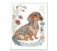 Artery8 Wall Art Print Dachshund Shorthaired Dog with Ornate Floral Patterns Colourful Colour Pencil Art Framed in White | Size: W12" x H16" Artery8 White W12" x H16"