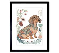Artery8 Wall Art Print Dachshund Shorthaired Dog with Ornate Floral Patterns Colourful Colour Pencil Artwork Framed 9X7 Inch | Size: W7" x H9" Artery8 Black W7" x H9"