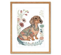 Artery8 Wall Art Print Dachshund Shorthaired Dog with Ornate Floral Patterns Colourful Colour Pencil Artwork Framed 9X7 Inch | Size: W7" x H9" Artery8 Beige W7" x H9"