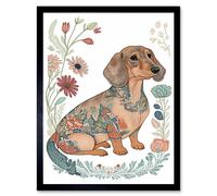 Artery8 Framed Wall Art Dachshund Shorthaired Dog With Ornate Floral Patterns Colourful Colour Pencil - 12X16 Inch