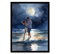 Artery8 Wall Art Print Dancing In The Waves Watercolour Painting Blue Yellow Couple Dancing Under A Full Moon In Coastal Landscape Bedroom Art Framed Artery8 Blue W12" x H16"