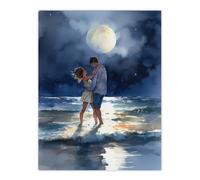 Artery8 Wall Art Print Dancing In The Waves Watercolour Painting Blue Yellow Couple Dancing Under A Full Moon In Coastal Landscape Bedroom Art Poster Artery8 Blue W12" x H16"