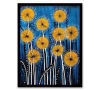 Wall Art Print Dandelion Flower Seeds Gond Style Painting Blue Yellow Abstract Summer Meadow Patterns Artwork Framed Artery8 Blue A4