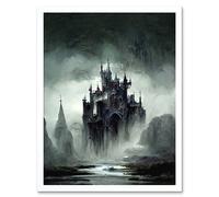Artery8 Wall Art Print Dark Gothic Castle Fantasy Landscape Art Framed in White | Size: W12" x H16" Artery8 White W12" x H16"