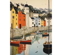 Artery8 Wall Art Print Dartmouth Harbour Boats Watercolour Painting Devon Scenic River Dart Townscape Poster in Beige | Size: W12" x H16" Artery8 Beige W12" x H16"