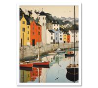 Artery8 Wall Art Print Dartmouth Harbour Boats Watercolour Painting Devon Scenic River Dart Townscape Art Framed in White | Size: W12" x H16" Artery8 White W12" x H16"