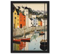 Artery8 Dartmouth Harbour Boats Watercolour Painting Devon Scenic River Dart Townscape Artwork Framed Wall Art Print A4