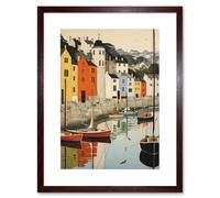 Artery8 Wall Art Print Dartmouth Harbour Boats Watercolour Painting Devon Scenic River Dart Townscape Artwork Framed 9X7 Inch | Size: W7" x H9" Artery8 Brown W7" x H9"
