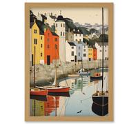 Wall Art Print Dartmouth Harbour Boats Watercolour Painting Devon Scenic River Dart Townscape Artwork Framed A4 Artery8 Light Oak A4
