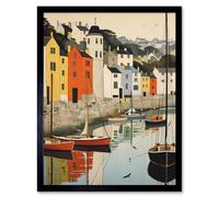Artery8 Wall Art Print Dartmouth Harbour Boats Watercolour Painting Devon Scenic River Dart Townscape Art Framed in Black | Size: W12" x H16" Artery8 Black W12" x H16"