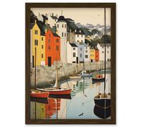 Wall Art Print Dartmouth Harbour Boats Watercolour Painting Devon Scenic River Dart Townscape Artwork Framed A4 Artery8 Brown A4
