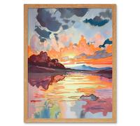 Artery8 Wall Art Print Dawn Break Atmospheric Clouds Over Mono Lake Modern Watercolour Painting Art Framed in Light Oak | Size: W12" x H16" Artery8 Light Oak W12" x H16"