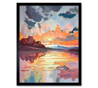 Artery8 Wall Art Print Dawn Break Atmospheric Clouds Over Mono Lake Modern Watercolour Painting Art Framed in Black | Size: W12" x H16" Artery8 Black W12" x H16"