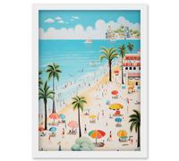 Artery8 Wall Art Print Day at the Beach Summer Holidays Stylised Artwork Pastel Colour Vacation Tourists Coastal Landscape Artwork Framed A4 in White Artery8 White A4