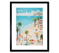 Artery8 Wall Art Print Day at the Beach Summer Holidays Stylised Artwork Pastel Colour Vacation Tourists Coastal Landscape Artwork Framed 9X7 Inch Artery8 Black W7" x H9"