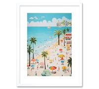 Artery8 Wall Art Print Day at the Beach Summer Holidays Stylised Artwork Pastel Colour Vacation Tourists Coastal Landscape Artwork Framed 9X7 Inch Artery8 White W7" x H9"