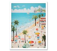 Artery8 Wall Art Print Day at the Beach Summer Holidays Stylised Artwork Pastel Colour Vacation Tourists Coastal Landscape Art Framed Artery8 White W12" x H16"