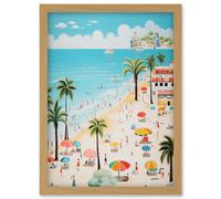 Artery8 Wall Art Print Day at the Beach Summer Holidays Stylised Artwork Pastel Colour Vacation Tourists Coastal Landscape Artwork Framed A4 Artery8 Light Oak A4