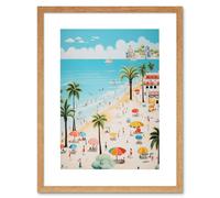 Artery8 Wall Art Print Day at the Beach Summer Holidays Stylised Artwork Pastel Colour Vacation Tourists Coastal Landscape Artwork Framed 9X7 Inch Artery8 Beige W7" x H9"