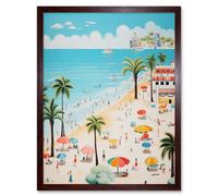 Artery8 Wall Art Print Day at the Beach Summer Holidays Stylised Artwork Pastel Colour Vacation Tourists Coastal Landscape Art Framed Artery8 Brown W12" x H16"