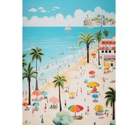 Artery8 Wall Art Print Day at the Beach Summer Holidays Stylised Artwork Pastel Colour Vacation Tourists Coastal Landscape Poster | Size: W24" x H32" Artery8 Blue W24" x H32"