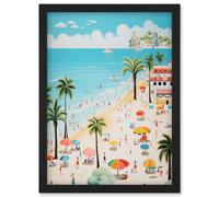 Artery8 Wall Art Print Day at the Beach Summer Holidays Stylised Artwork Pastel Colour Vacation Tourists Coastal Landscape Artwork Framed A4 in Black Artery8 Black A4