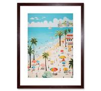 Artery8 Wall Art Print Day at the Beach Summer Holidays Stylised Artwork Pastel Colour Vacation Tourists Coastal Landscape Artwork Framed 9X7 Inch Artery8 Brown W7" x H9"