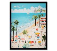 Artery8 Wall Art Print Day at the Beach Summer Holidays Stylised Artwork Pastel Colour Vacation Tourists Coastal Landscape Art Framed Artery8 Black W12" x H16"